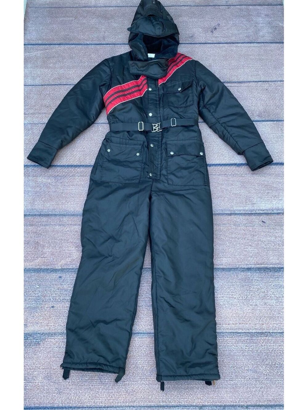 Snowmobile ski suit vintage belt detachable hood black red stripe 1980's utility